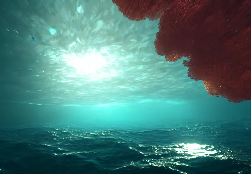 Image similar to ambient rays in the depths of the ocean, fish and corals barely visible, raytracing, unreal engine, nature, caustics, artstation