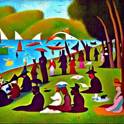 Image similar to a sunday afternoon on the island of la grande jatte in the style of pedro bell, parliament, funkadelic, george clinton, bootsy collins, the mothership, chocolate city