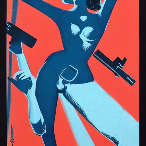 Image similar to noir femme fatale with a gun, rudolph belarski, robert mcginnis, german expressionism, blue red highlighter risograph, 8 k highly detailed