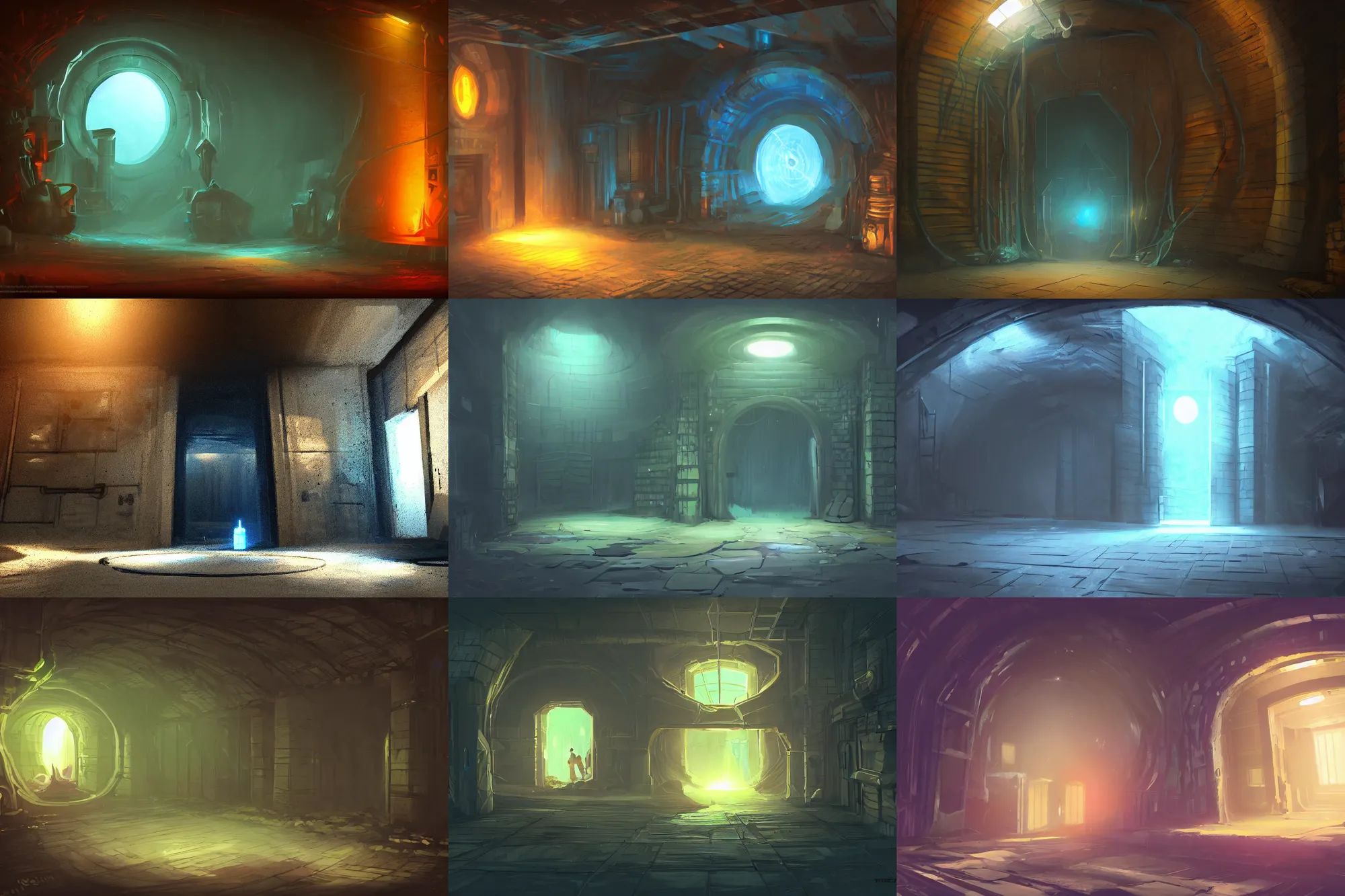 Prompt: glowing portal inside dark warehouse, concept art, postapo game, artstation