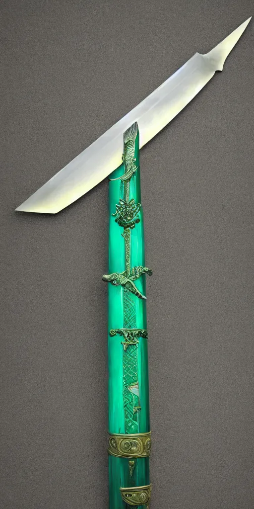 Image similar to photograph of a wide green and teal crystal sword blade attached to a big gold sword hilt