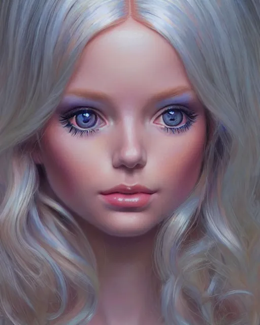 Image similar to human barbie portrait | highly detailed | very intricate | symmetrical | whimsical and magical | soft cinematic lighting | award - winning | closeup portrait | barbie doll | painted by donato giancola and mandy jurgens and charlie bowater | pastel color palette | featured on artstation