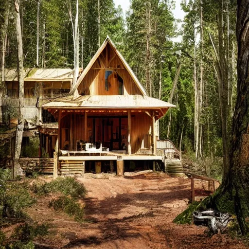 Image similar to angelina jolie as a a beautiful wood cabin in the forest