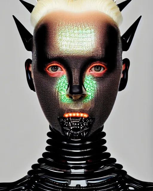 Image similar to symmetrical portrait of a biomechanical cyborg wearing a silicone steel spikes studded iridescent beauty mask and neon hair buns, wearing a black bodysuit by iris van herpen, cream white background, soft diffused light, biotechnology, humanoid robot, bjork aesthetic, translucent, by rineke dijkstra, intricate details, highly detailed, masterpiece,