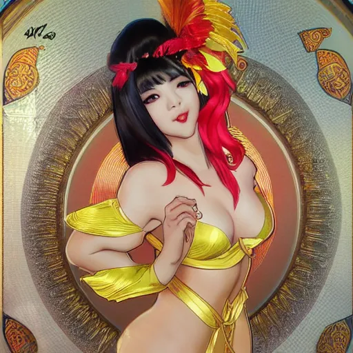 Image similar to just one lonely attractive asian showgirl in a pikatchu costume!! realistic illustration by artgerm and alphonse mucha. full body!! anatomical correct contour light effect!! 8 k stage light octane rendersharp edge ultra clear intricate elegant detailed,