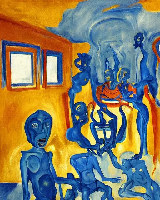 Image similar to blue people and a dark figure seated on a throne with clouds at red and yellow art deco interior room in the styleof Francis Bacon and Chaïm Soutine, open ceiling, highly detailed, painted by Francis Bacon and Edward Hopper, painted by James Gilleard, surrealism, airbrush, art by JamesJean