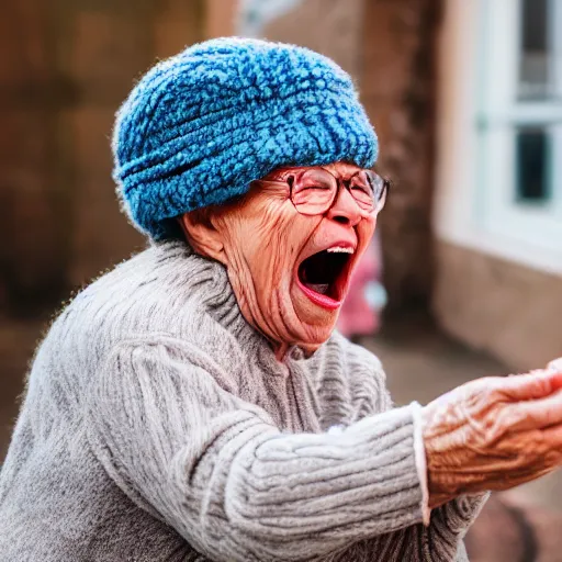 Image similar to elderly woman screaming at a ball of yarn, canon eos r 3, f / 1. 4, iso 2 0 0, 1 / 1 6 0 s, 8 k, raw, unedited, symmetrical balance, wide angle