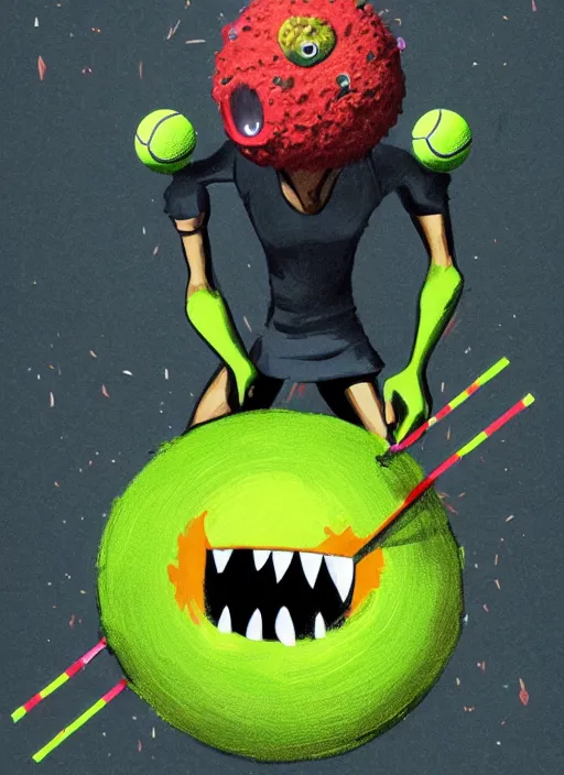 Image similar to tennis ball monsters playing tennis, a tennis ball monster ,tennis ball, Sci fi, lasers, digital art, fantasy, magic, trending on artstation, ultra detailed, professional illustration,chalk, poster artwork by Basil Gogos , clean