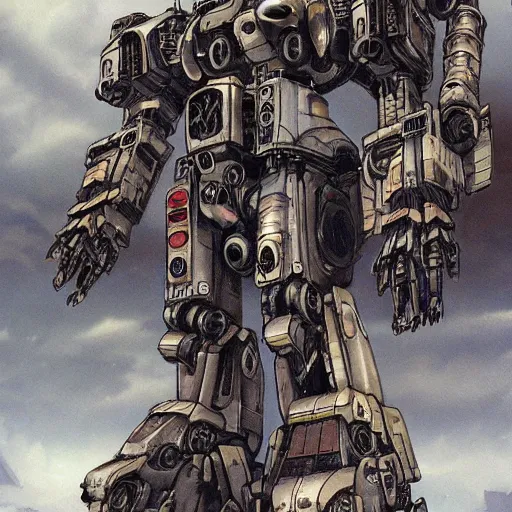 Image similar to beautiful picture of a giant Mecha, post-apocalyptic wasteland, skulls, anime style, art by Yasuhiko Yoshikazu, trending on Artstation