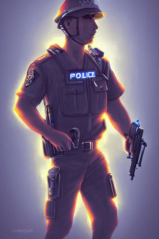 Image similar to glowing police officer, highly detailed, digital art, sharp focus, trending on art station