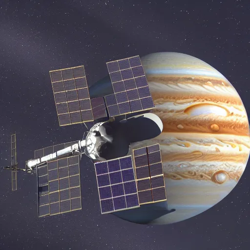Image similar to modern space station in orbit around jupiter, io is in the background, computer render, 3 d render, animation, concept, high quality