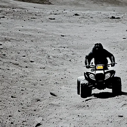 Prompt: photo of gorilla riding an atv on the moon