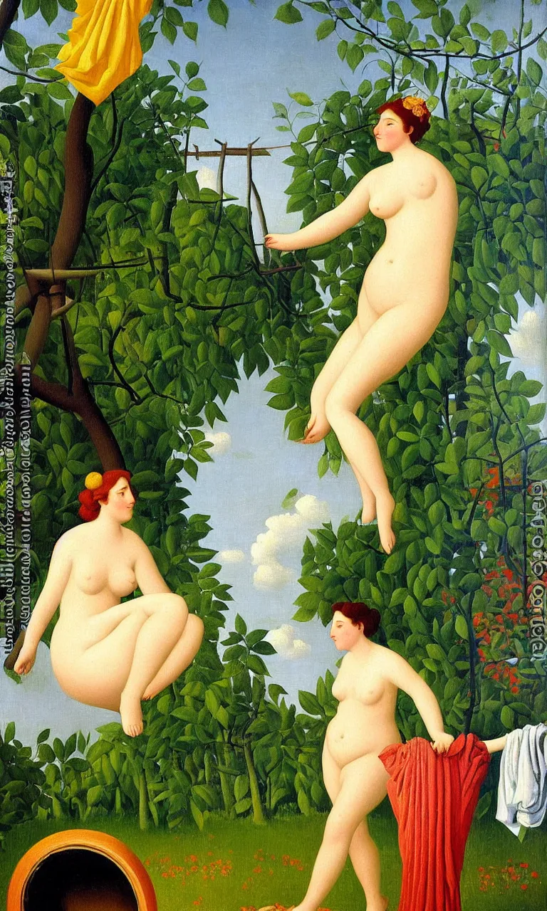 Prompt: the goddess venus emerging from a washing machine. behind her we see sheets of colour bedding hanging on a laundry line. in the background we see a factory. detailed oil painting. henri rousseau. impressionism, colourful