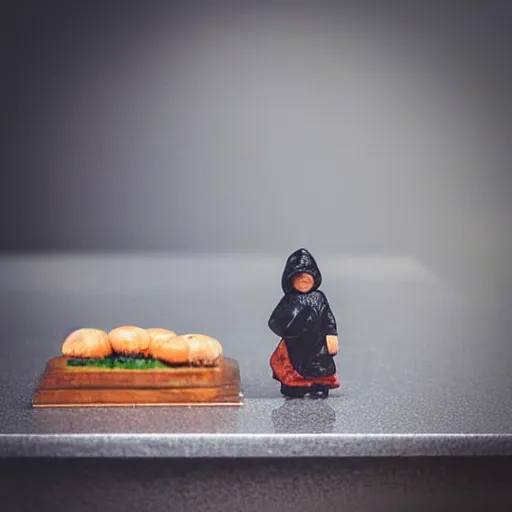 Image similar to “macro photography focused on a miniature figure on a countertop. The background is the rest of the kitchen. The mid ground is a dramatic highway bridge that connects the vintage fridge to the counter. Award winning photo.”