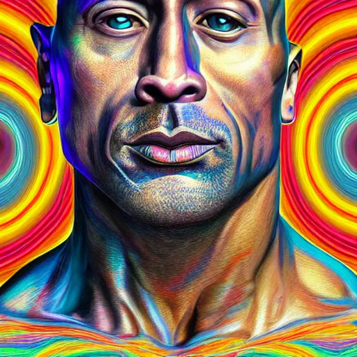 Image similar to An extremely psychedelic portrait of Dwayne Johnson, surreal, LSD, face, detailed, intricate, elegant, lithe, highly detailed, digital painting, artstation, concept art, smooth, sharp focus, illustration