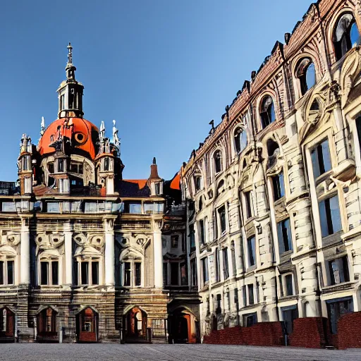 Prompt: a large building with a clock on the top of it, a flemish baroque by bela ivanyi - grunwald, unsplash, heidelberg school, panorama, wimmelbilder, flemish baroque