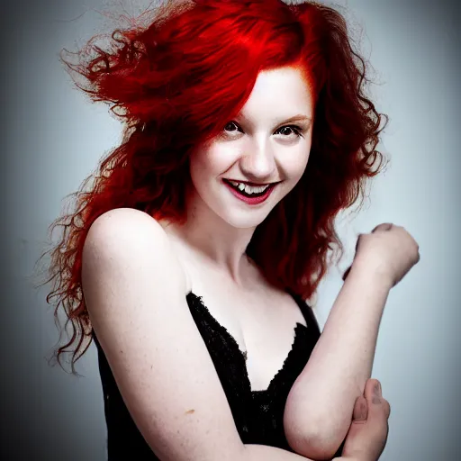 Image similar to artistic photo of a young beautiful woman with red hair and green eyes looking at the camera, smiling slightly, studio lighting, award winning photo by Annie Liebowitz