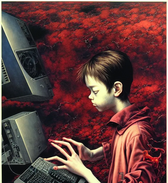 Image similar to boy looking at the PC computer from 90s by Laurie Lipton, grainy film kodak, by Ayami Kojima, Mark Brooks, rich deep colors. Beksinski painting, part by Adrian Ghenie and Gerhard Richter. art by Takato Yamamoto. masterpiece