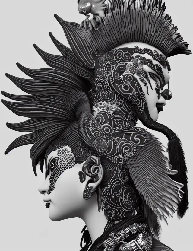 Image similar to 3 d goddess close - up profile portrait punk with mohawk with ram skull. beautiful intricately detailed japanese crow kitsune mask and clasical japanese kimono. betta fish, jellyfish phoenix, bio luminescent, plasma, ice, water, wind, creature, artwork by tooth wu and wlop and beeple and greg rutkowski