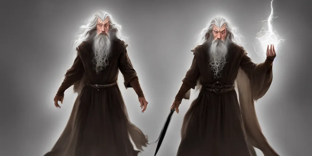 Image similar to a handsome bearded white male sorcerer, he is casting a spells coming from his hands. looks similar to gandalf but with brown hair, epic composition, closed hands, waist up, trending on artstation, concept art,