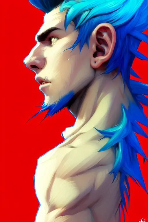 Prompt: clear portrait of adventurous boy with blue hair, slightly spikey hair, red running shoes, fast runner, background hyper detailed, character concept, full body, dynamic pose, glowing lights!! intricate, elegant, highly detailed, digital painting, artstation, concept art, smooth, sharp focus, illustration, art by artgerm and greg rutkowski and alphonse mucha