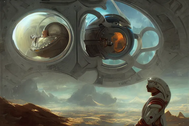 Image similar to a sigma man in futuristic space suit looking at ancient renaissance italy through a time travel spaceship window, scifi, serene, refined, by wlop, peter mohrbacher, jakub rebelka, visually stunning, beautiful, masterpiece