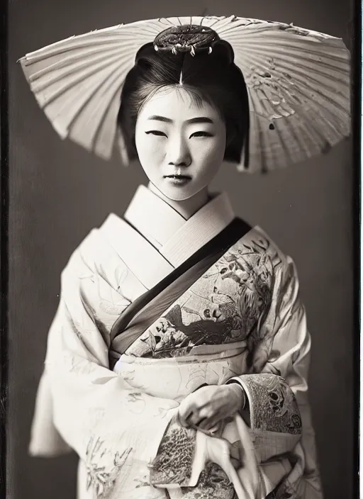 Prompt: a wet plate portrait of a young asiatic woman, geisha, traditional dress, flowers, photorealistic, cinematic light, highly detailed, smooth, sharp focus, illustration, shallow depth of field