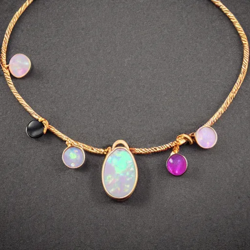 Prompt: 4K Gold collar neckless , Single Center sinister gem opals pink gem, Shungite Bangle, Mineral and Gold Jewelry, Product Photography