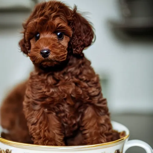 Image similar to very realistic cute brown poodle puppy sitting inside a tea cup