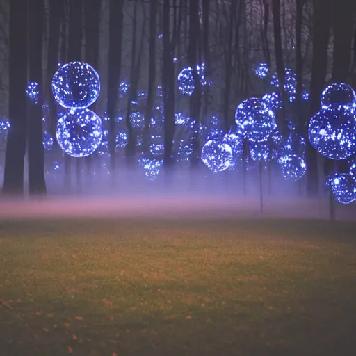 Image similar to forrest illuminated by glowing spheres, mist on ground, dramatic, night, 5 5 mm