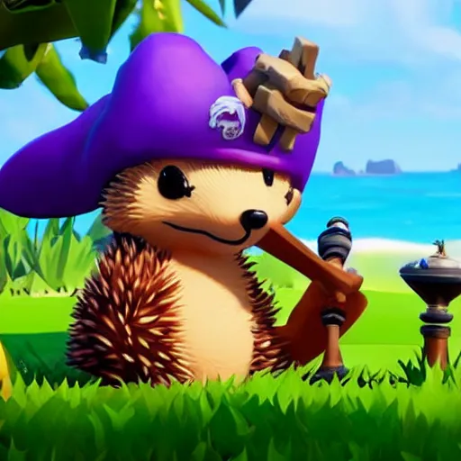 Prompt: hedgehog playing golf in sea of thieves, cute, colourful, happy, adorable