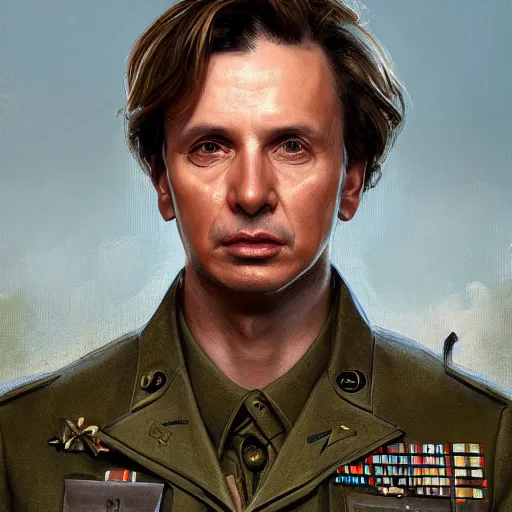 Image similar to Portrait of Michael Cimino as a military officer, intricate, headshot, highly detailed, digital painting, artstation, concept art, sharp focus, cinematic lighting, illustration, art by artgerm and greg rutkowski, alphonse mucha, cgsociety