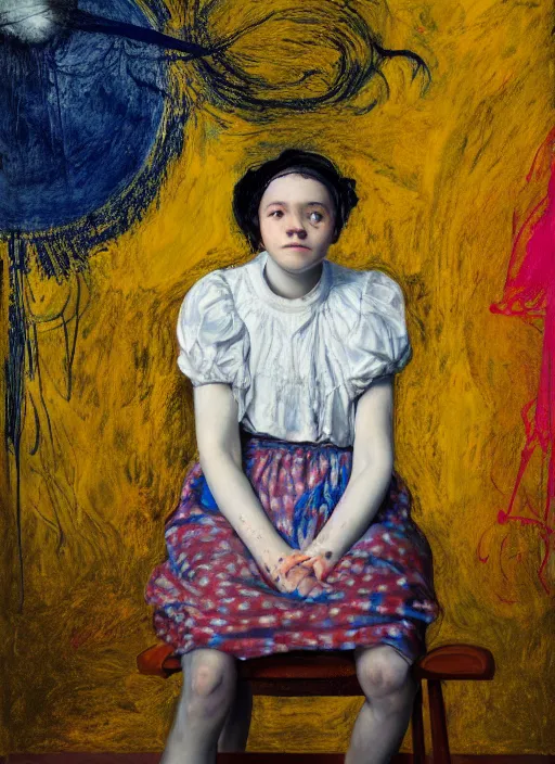 Prompt: portrait of a 1 5 year old girl jester sitting on a stool, by vincent lefevre and hernan bas and pat steir and hilma af klint, psychological, photorealistic, symmetrical face, dripping paint, washy brush, threads, rendered in octane, altermodern, masterpiece