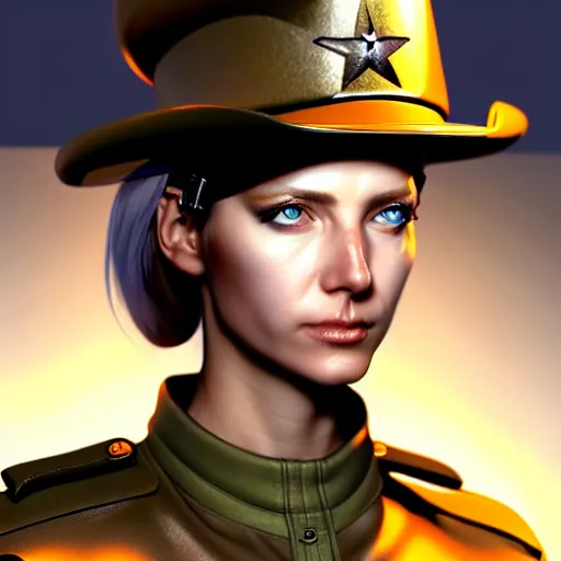 Image similar to a full - body painting of a female military captain! wearing a cowboy hat!, angelic face! stunning eyes!, cyberpunk art by yumihiko amano, cgsociety, figurative art, toonami, zbrush, official art