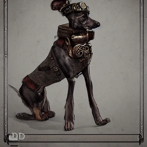 Image similar to poddle dog dressed with inspirations from steampunk style, high detailed, digital art, trending on artstation, devianart, cgsociety