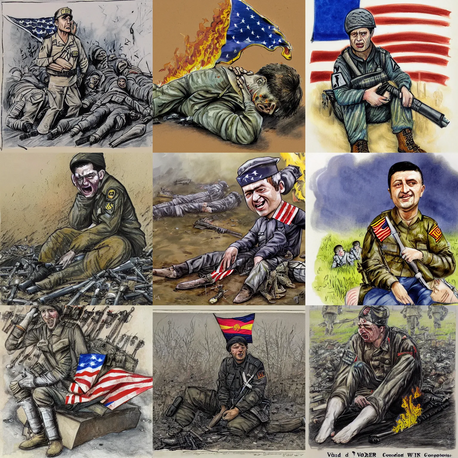 Prompt: a caricature of Volodymyr Zelensky at war, dressed like a Vietnam war American soldier , sitting on the ground between dead corpses , crying and weeping, holding a half burnt flag of Ukraine, by Alexander Saroukhan