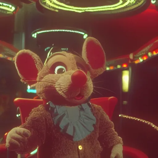 Prompt: Still of Chuck E. Cheese mouse mascot, casino interior, in the movie Blade Runner, cinematic lighting, 4k