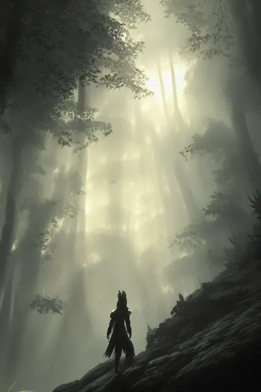 Image similar to Establishing shot, dramatic volumetric sunlight foggy atmospheric forest canopy scenery, girl clad in modest hide leather armor, hyperdetailed, artstation, cgsociety, 8k