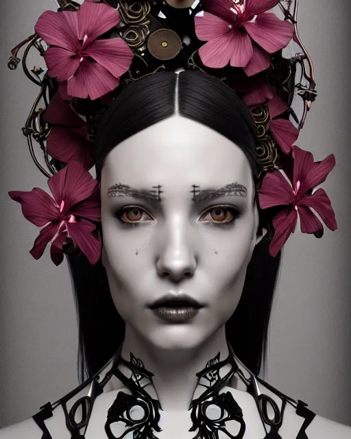 Prompt: monochrome 3 d model, steampunk biomechanical beautiful young female cyborg with porcelain profile face and a big floral eye, volumetric light, leaves foliage and stems, hibiscus flowers, boho floral vines, sinuous fine roots, fine foliage lace, alexander mcqueen, rim light, big gothic fashion pearl embroidered collar, octane render, 8 k