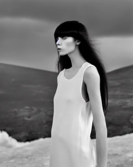 Image similar to high fashion photography of an elegant chic young woman model with cropped bangs and long straight hair, she is wearing a minimalist simple dress, intense expression, at the edge of an active volcano caldera spewing magma, by Steven Meisel and Chris Cunningham