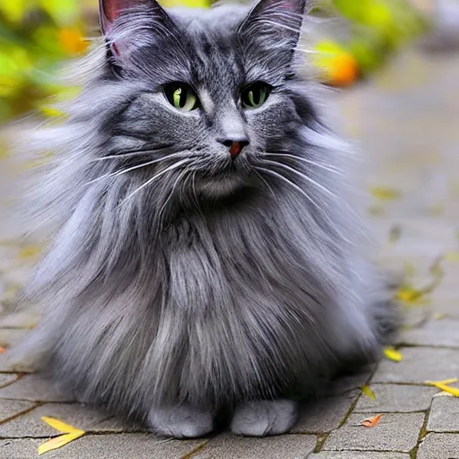 Image similar to long haired grey cat, bright vivid colors