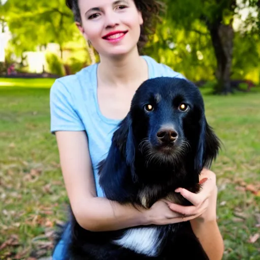 Prompt: a young woman holding a black dog