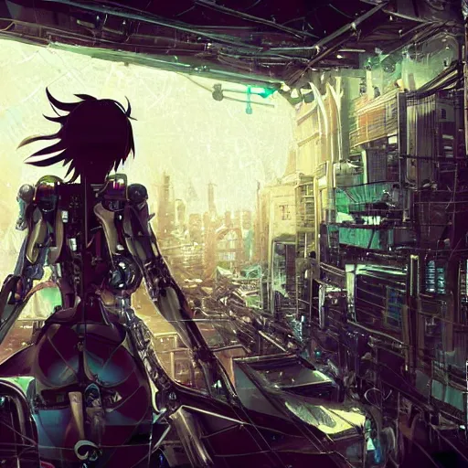 Prompt: android mechanical cyborg girl in overcrowded urban dystopia gigantic future city dark night raining makoto shinkai wide angle dark and dreary