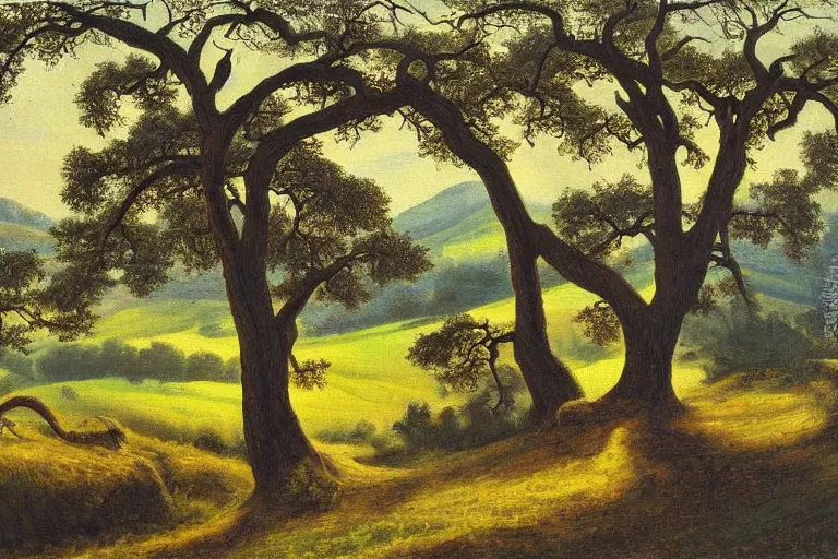 Prompt: masterpiece painting of oak trees on a hillside overlooking a creek, dramatic lighting, by franklin carmichael