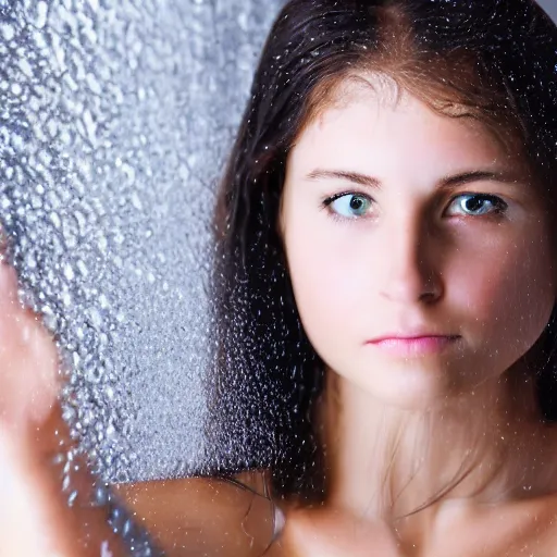 Prompt: beautiful girl looking in to the mirror in the shower, close up portrait, beautiful glowing eyes