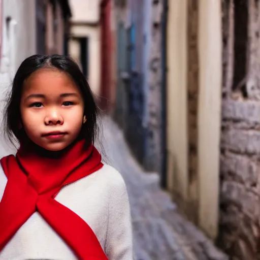 Prompt: a close - up of a young girl in a red dress standing in a narrow alleyway, looking down at the camera. her face is partially obscured by a red scarf, and she has a serious expression. the light is dim, and the colours are muted. kodak ektar 1 0 0.