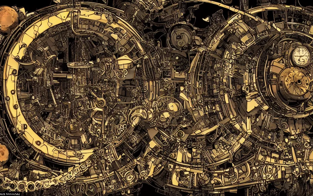 Prompt: complex alien technology that can create a portal, used to travel to different dimensions by eiichiro oda and alfred parsons, style of steampunk