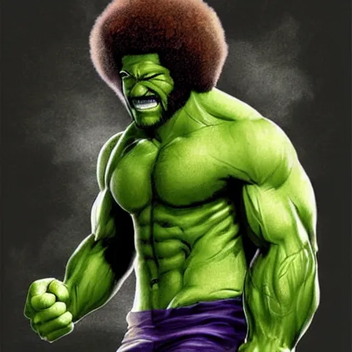 Image similar to photomanipulation of BOB ROSS as hulk, marvel, he is drawing a canvas