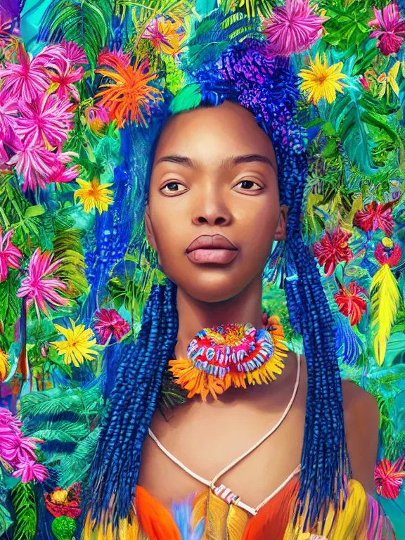 Image similar to beautiful portrait of a Subtropics minority female wearing fantastic Hand-dyed cotton dress, embellished beaded and feather decorative fringe knots ,colorful pigtail,among subtropical flowers and plants,symmetrical face,intricate, cute, playful,elegant, highly detailed, dim volumetric lighting, 8k,post-processing,digital painting, trending on artstation, concept art, sharp focus, illustration,by Steve McCurry and Tom Bagshaw and Daniel Gerhartz and Albert Aublet and Lawrence Alma-Tadema