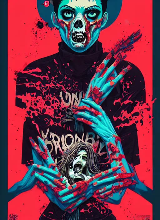 Prompt: zombie emo concert poster, tristan eaton, victo ngai, artgerm, rhads, ross draws